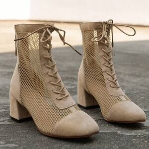 Elegant Tan Lace-Up Suede & Mesh Ankle Boots